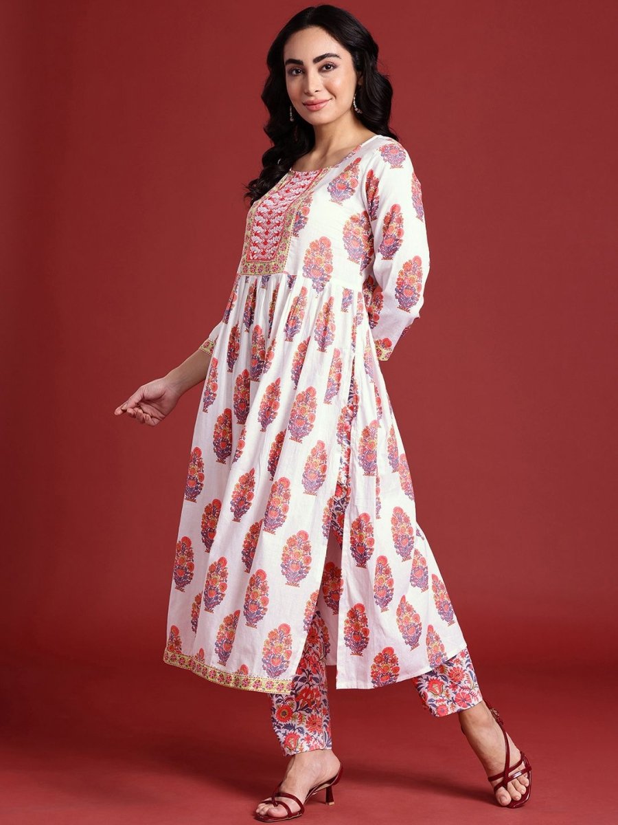 Anouk Floral Printed Pleated Sequinned Pure Cotton Kurta with Trousers & Dupatta