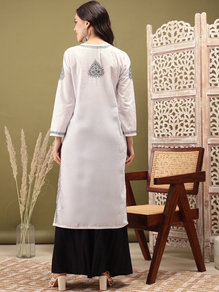 ADA Ethnic Motifs Embroidered Notch Neck Cotton Chikankari Straight Kurta - Distacart