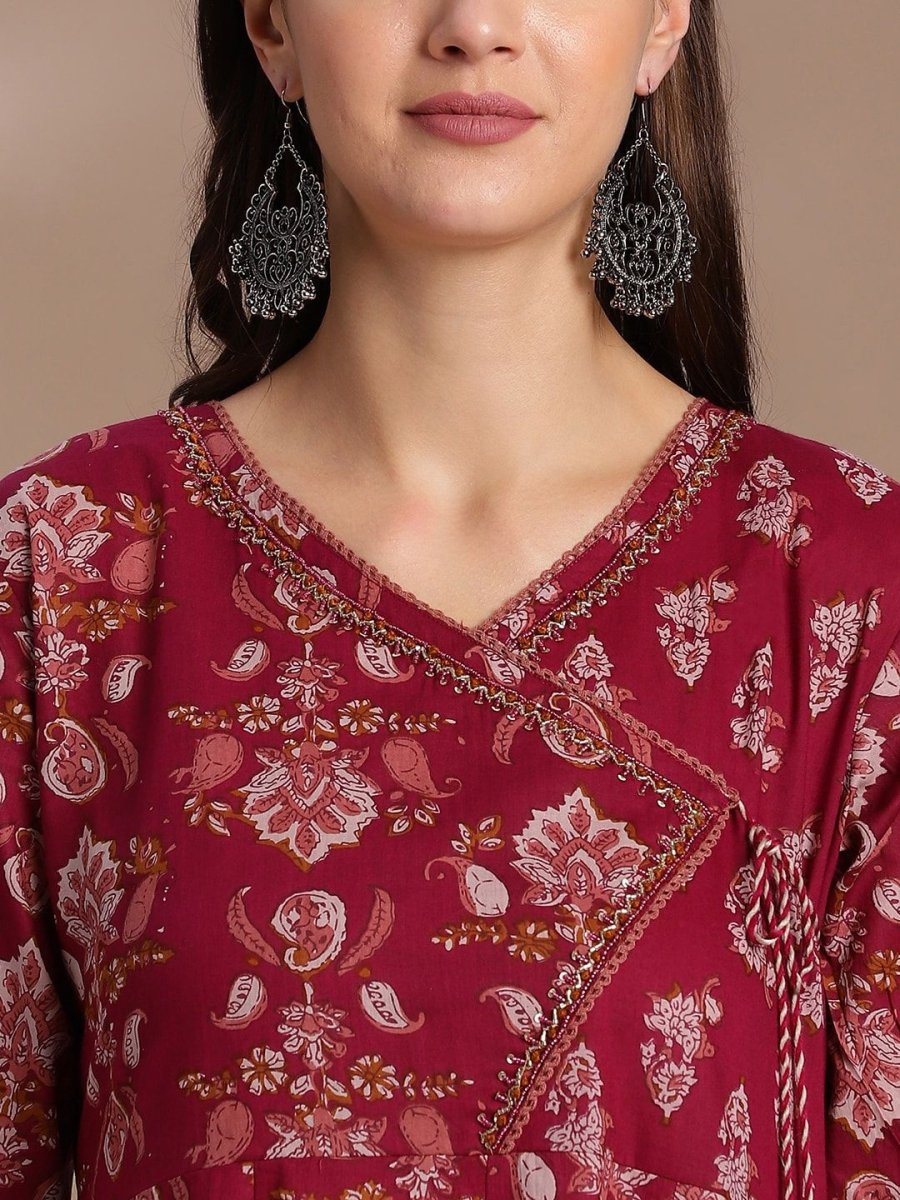 Anouk Maroon Printed Beaded Angrakha Anarkali Pure Cotton Kurta with Trousers & Dupatta - Distacart