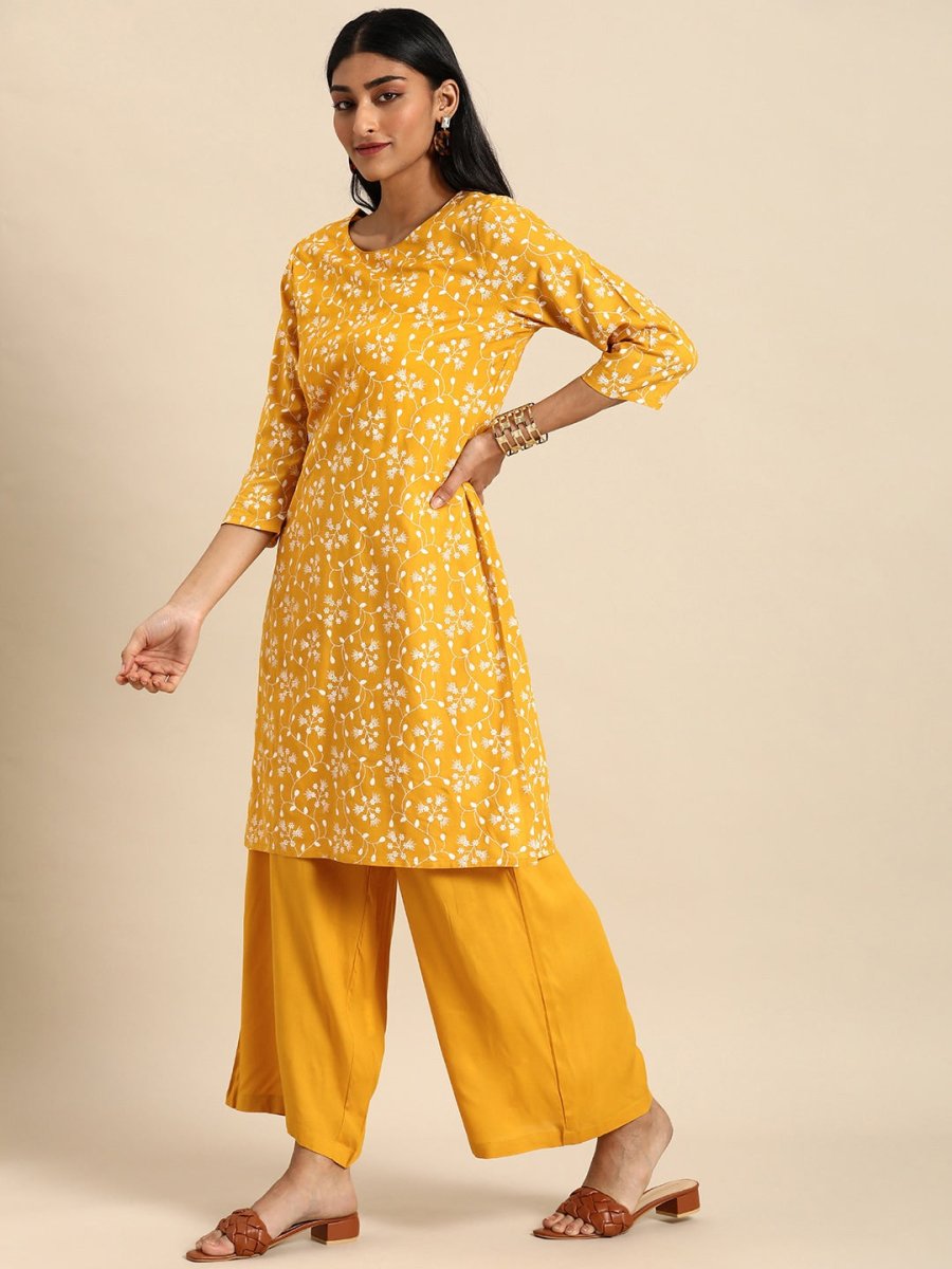All About You Women Yellow Floral Printed Pure Cotton Kurta with Palazzos - Distacart