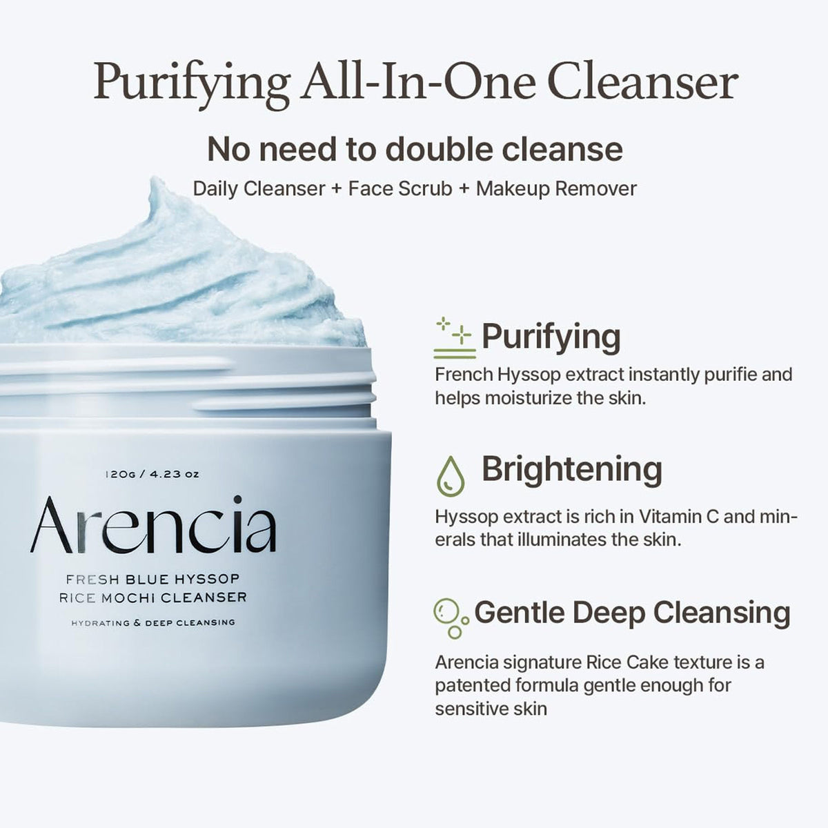 Arencia Fresh Blue Hyssop Rice Mochi Cleanser - Gentle Exfoliating Pore Care Korean Double Cleanser - Distacart