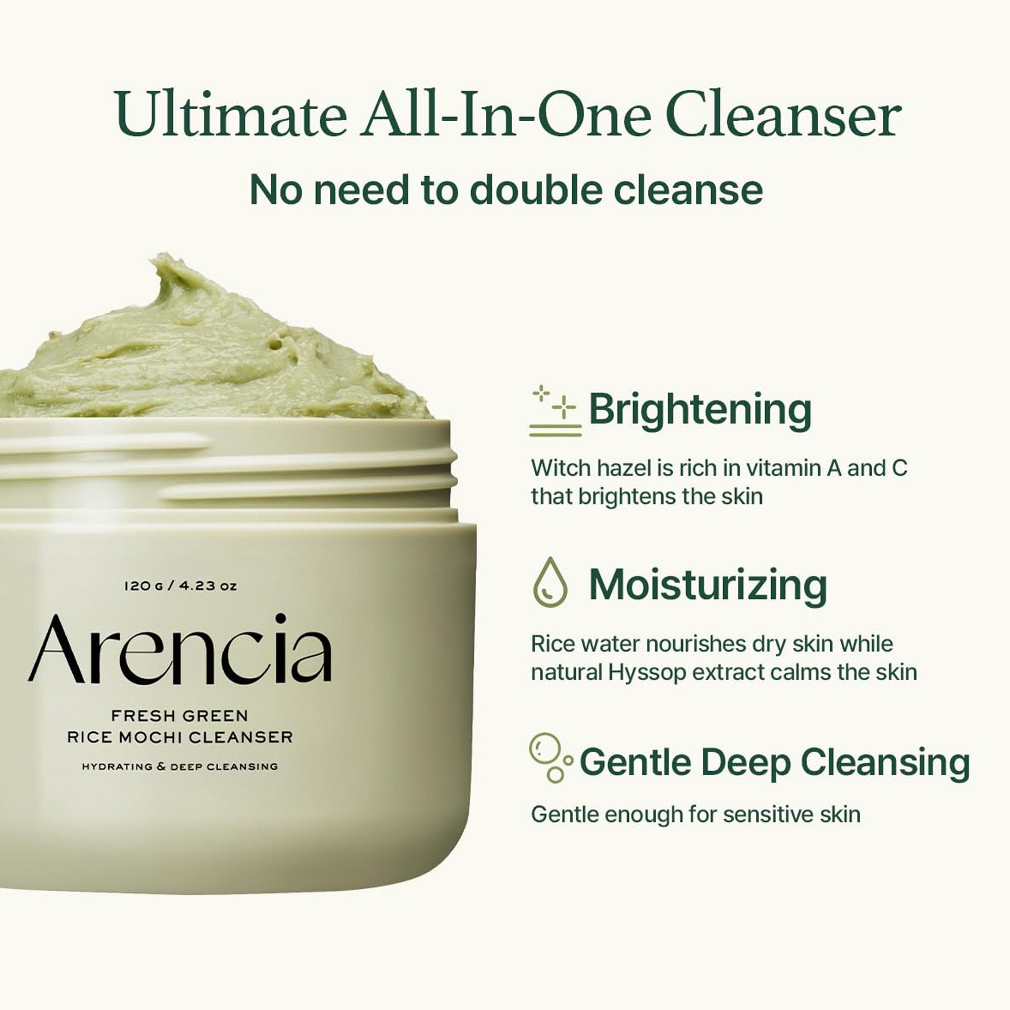 Arencia Fresh Green Rice Mochi Cleanser - Korean Cleanser, Mask & Makeup Remover, Reduces Blackheads