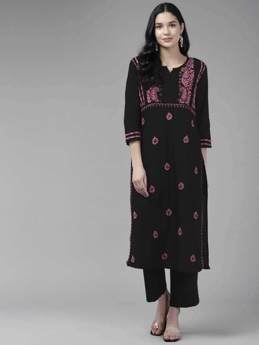 ADA Ethnic Motifs Embroidered Round Neck Chikankari Cotton Kurta - Distacart