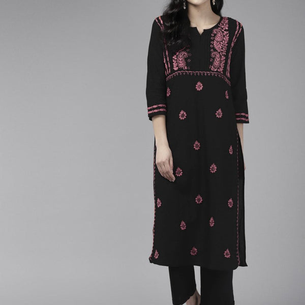 ADA Ethnic Motifs Embroidered Round Neck Chikankari Cotton Kurta - Distacart