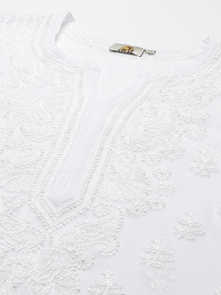 ADA Women White Ethnic Motifs Embroidered Regular Chikankari Handloom Kurta with Trousers - Distacart