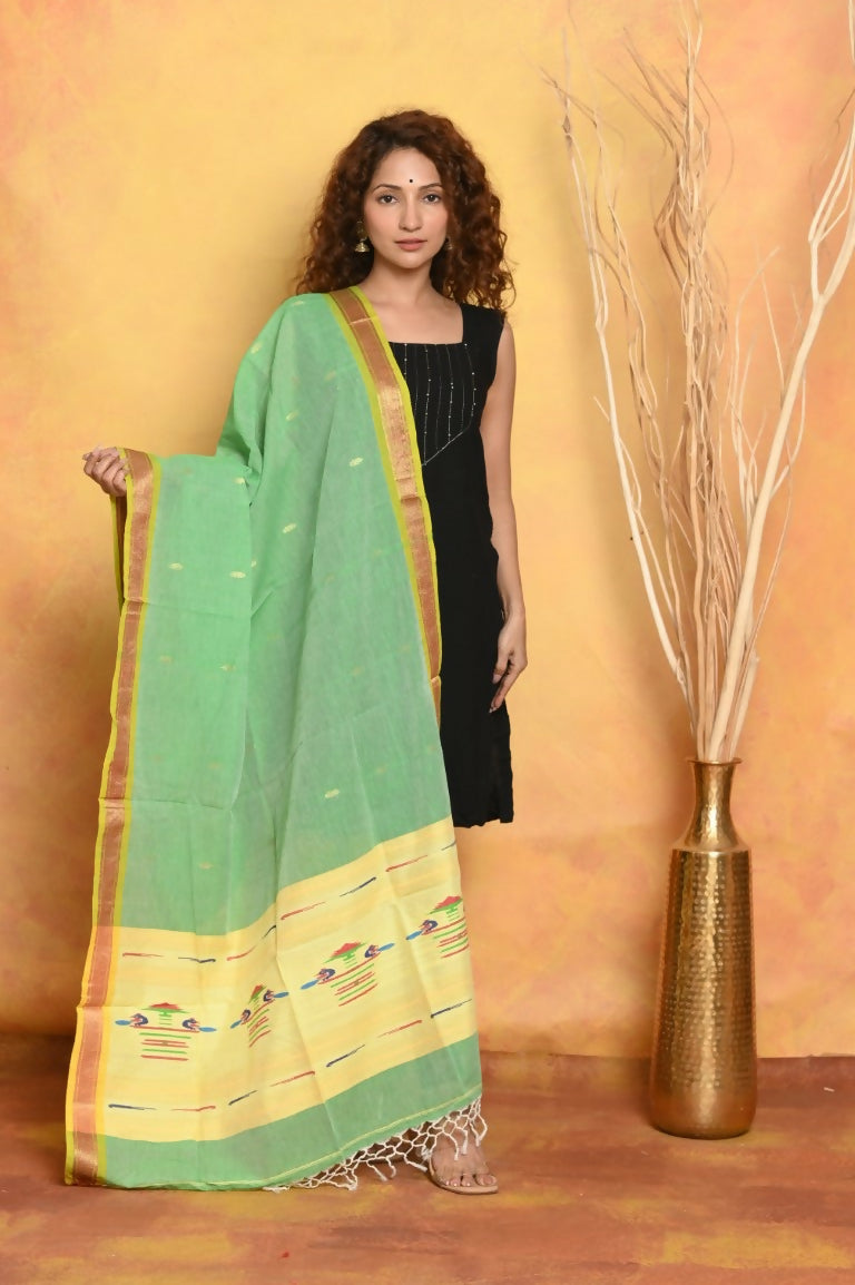Very Much Indian Handloom Pure Cotton Paithani Dupatta - Green - Distacart