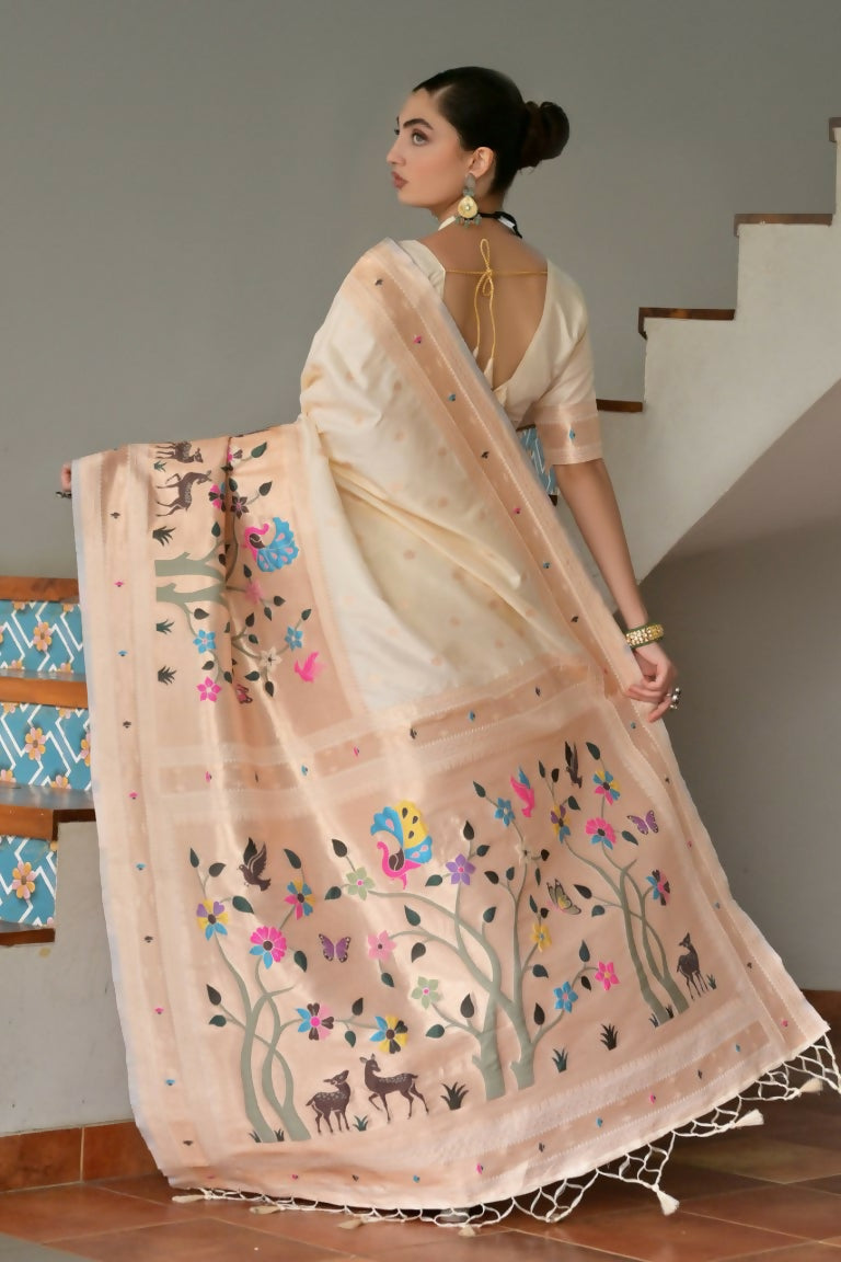 Vishnu Weaves Women's Cream Paithani Silk Zari Woven Saree with Blouse