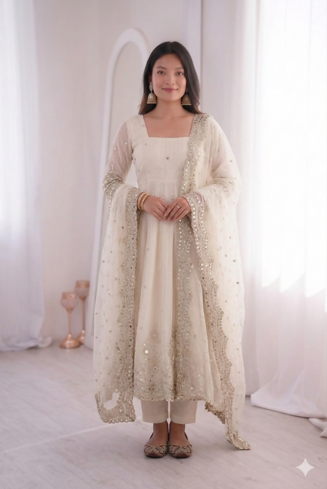 Teeya Creation Womens New Latest Trendy Elegant White Embroidered Anarkali Suit Set with Scalloped Dupatta - Dista