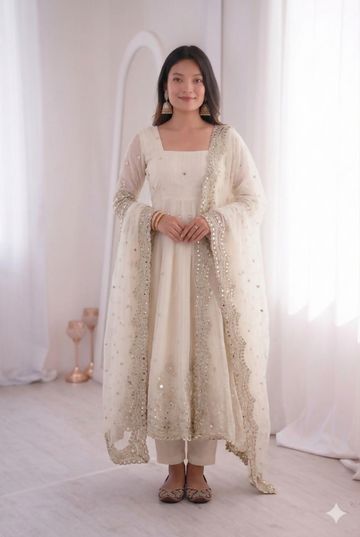Teeya Creation Womens New Latest Trendy Elegant White Embroidered Anarkali Suit Set with Scalloped Dupatta - Dista