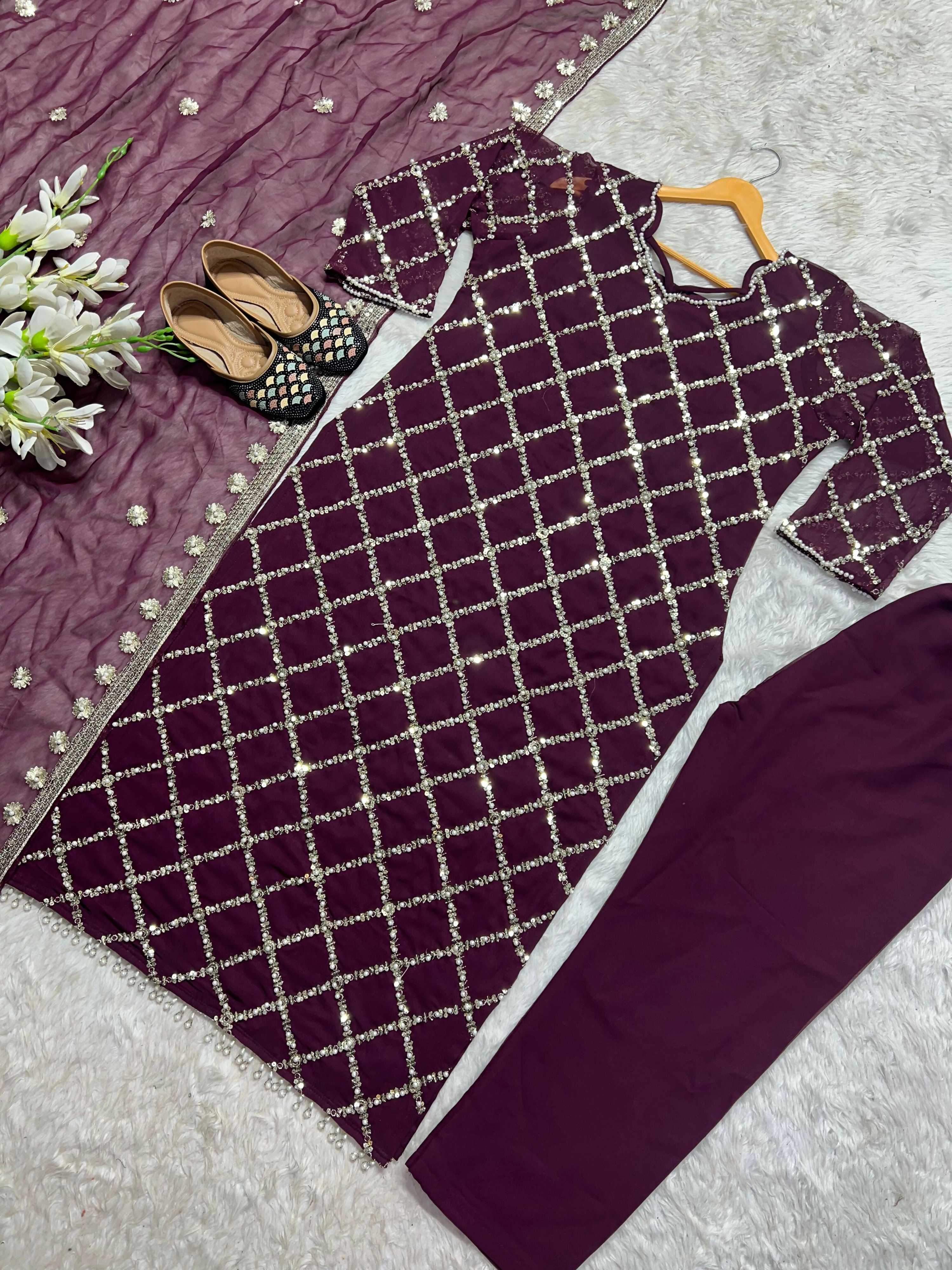 Preksha Creation Indian Festival Special Women Faux Georgette Sequence Embroidered Work Top And Pant With Dupatta - Purple - Distacart