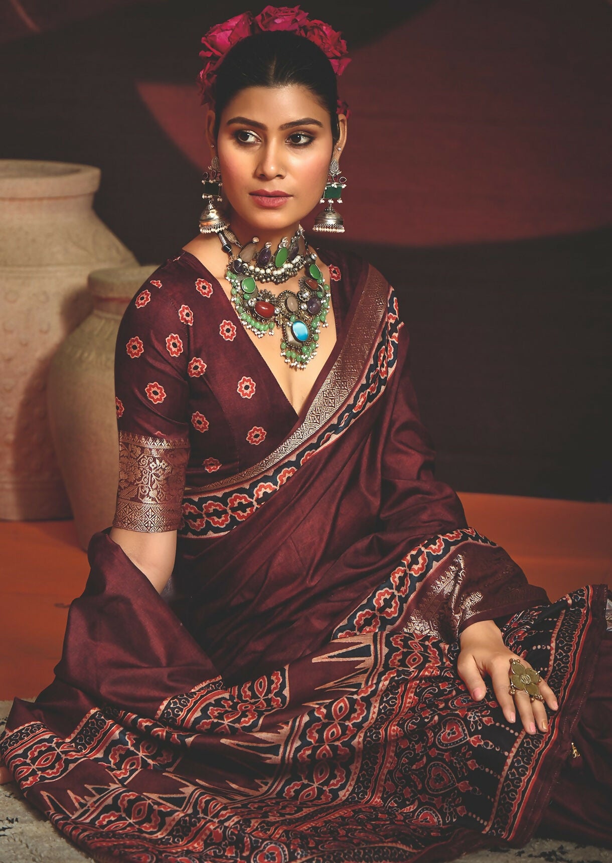Joban Fashion Maroon Art Silk With Fine Viscose Border Ajrak Full Body Print With Soft Finish Saree
