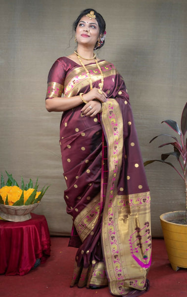 Jyoti Fashion Women's Brown Paithani Silk Zari Woven Saree with Blouse - Distacart