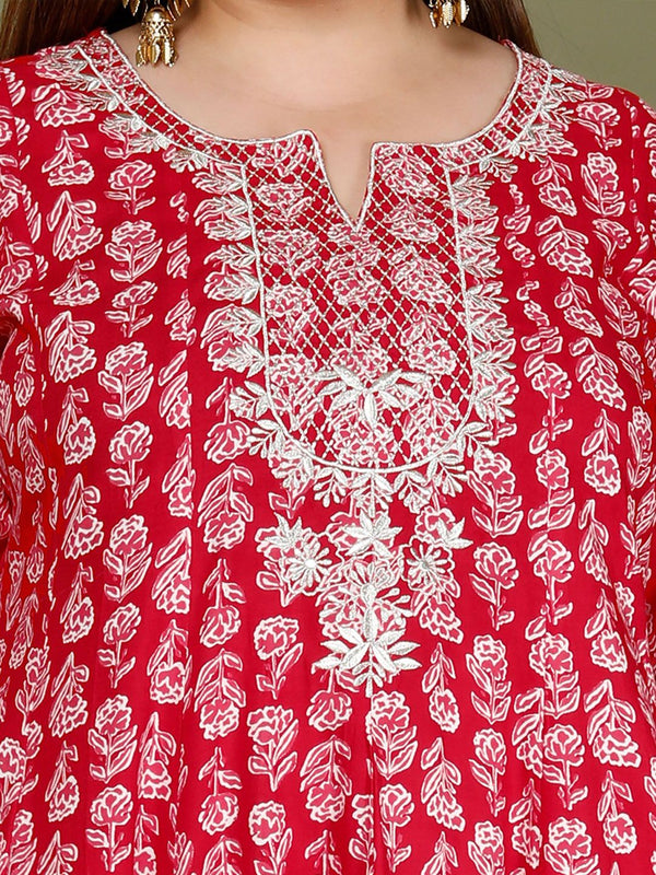 Swasti Plus Size Floral Printed Three-Quarter Sleeves Cotton Ethnic Dress