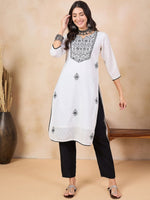 Thumbnail for Anouk White Ethnic Motifs Embroidered Mirror Work Detailed Pure Cotton Straight Kurta