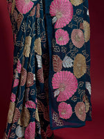 Thumbnail for Anouk Teal Blue & Pink Floral Embroidered Sequinned Pure Georgette Saree - Distacart