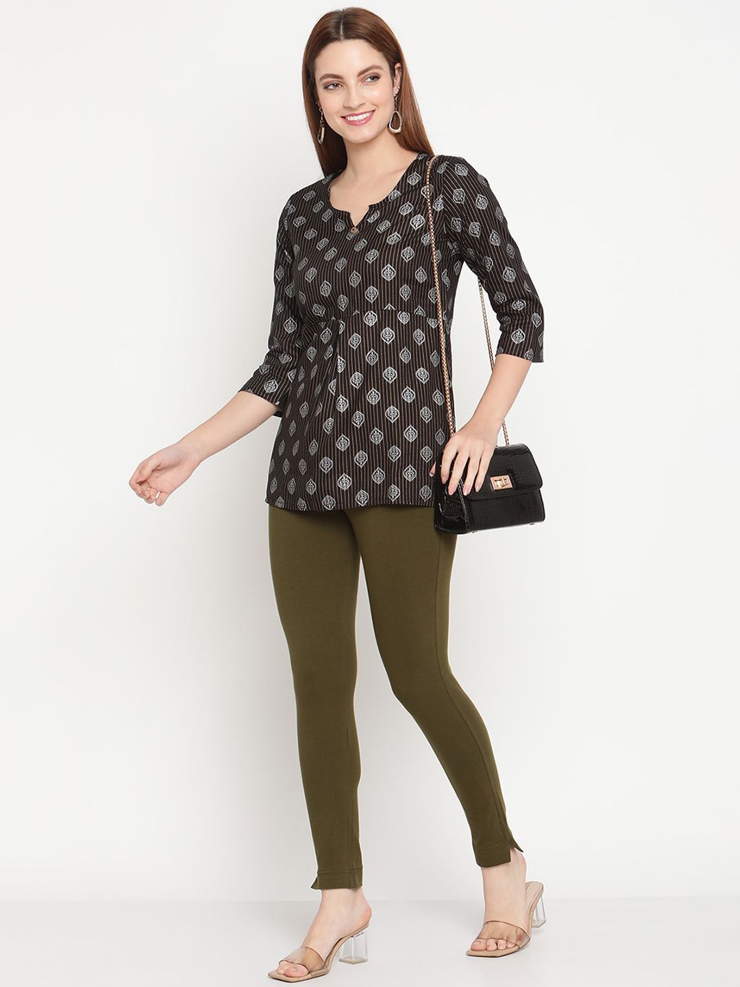 TAG 7 Women Pack Of 2 Olive and Pink Solid Comfort Fit Ankle-Length Leggings - Distacart