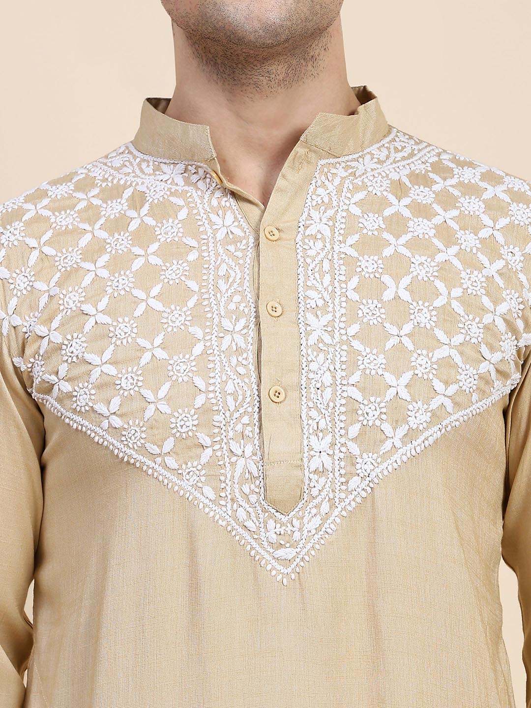 HOUSE OF KARI Ethnic Motifs Yoke Design Mandarin Collar Chikankari Pure Cotton Kurta - Distacart