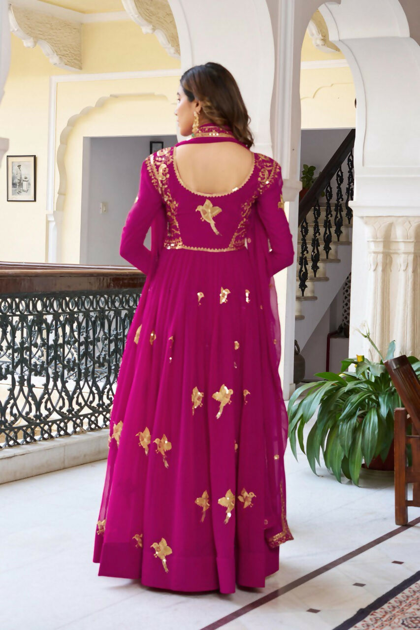 The52 Women's Gorgeous Faux Georgette Fabric Embroidery Work Flared Anarkali Pant and Dupatta Set - Distacart
