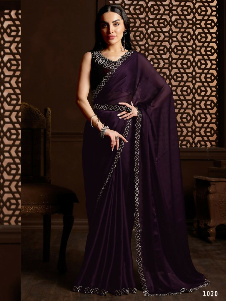 Aafreen Partywear Designer Purple Satin Chiffon Fancy Saree - Distacart