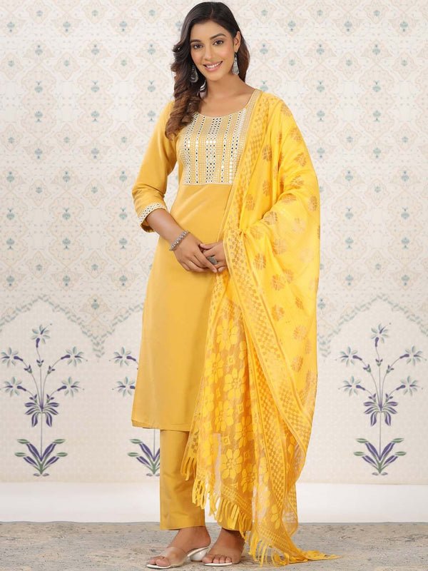 Ode by House of Pataudi Geometric Yoke Design Mirror Work Kurta with Trousers & Dupatta - Distacart