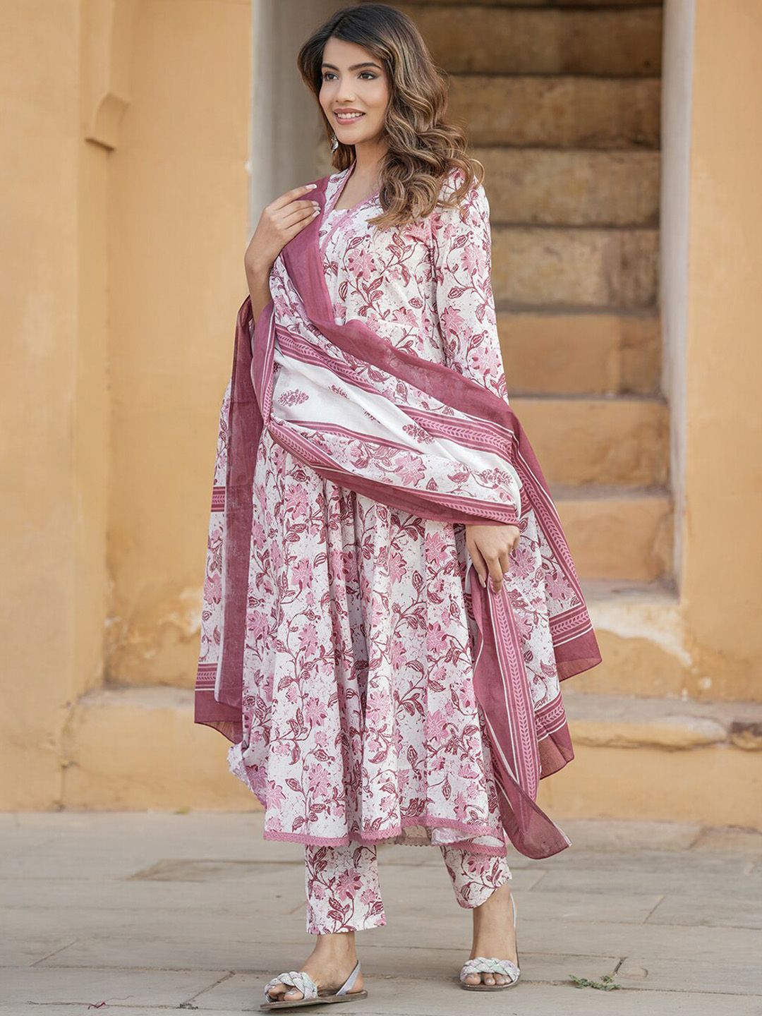 Kalini Floral Printed Regular Thread Work Pure Cotton Kurta with Trouser & With Dupatta - Distacart