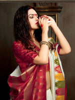 Thumbnail for Anouk Off White & Red Abstract Woven Design Zari Silk Blend Bagru Saree - Distacart