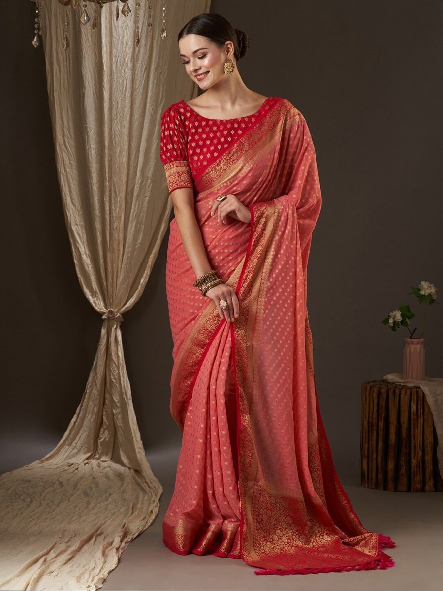 Anouk Rose Gold & Red Woven Design Zari Pure Georgette Kanjeevaram Saree - Distacart