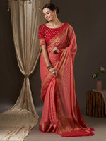 Thumbnail for Anouk Rose Gold & Red Woven Design Zari Pure Georgette Kanjeevaram Saree - Distacart