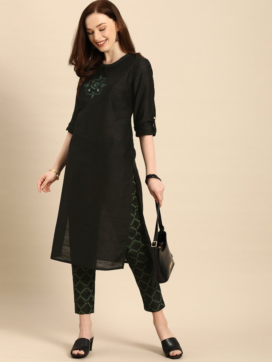 All About You Women Black & Green Embroidered Kurta with Trousers - Distacart