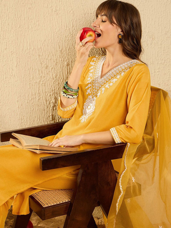 Indo Era Floral Yoke Design V-Neck Straight Kurta With Trousers & Dupatta