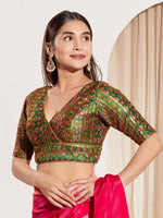 Thumbnail for Joban Fashion Bottle Green Mulberry Silk Padded Blouse With V Neck Elbow Sleeves - Distacart