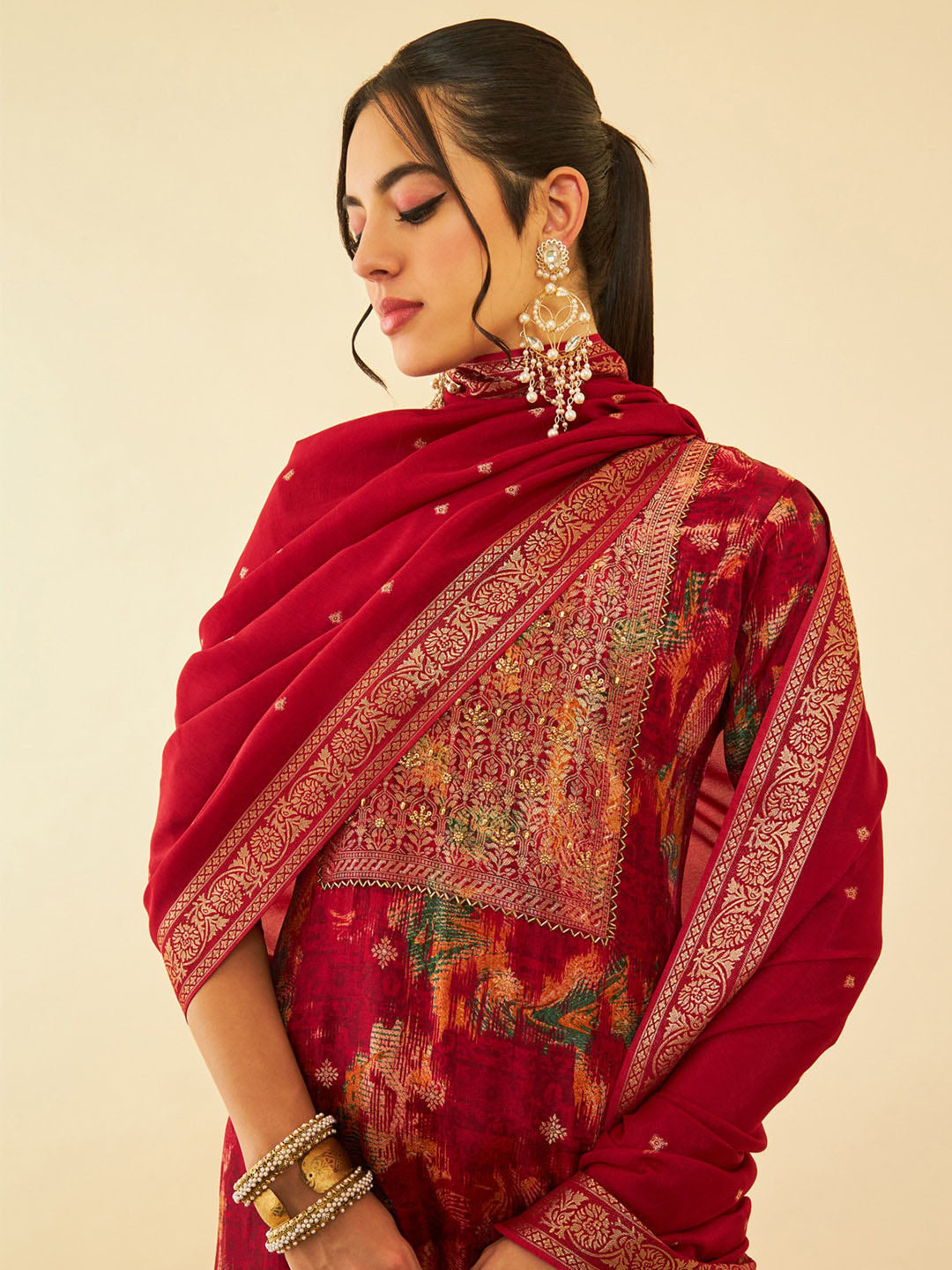 Soch Maroon Floral Woven Design Beads and Stones Brocade Kurta With Trousers & Dupatta - Distacart