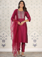 Thumbnail for Ode by House of Pataudi Ethnic Motifs Yoke Design Straight Kurta With Trousers & Dupatta - Distacart