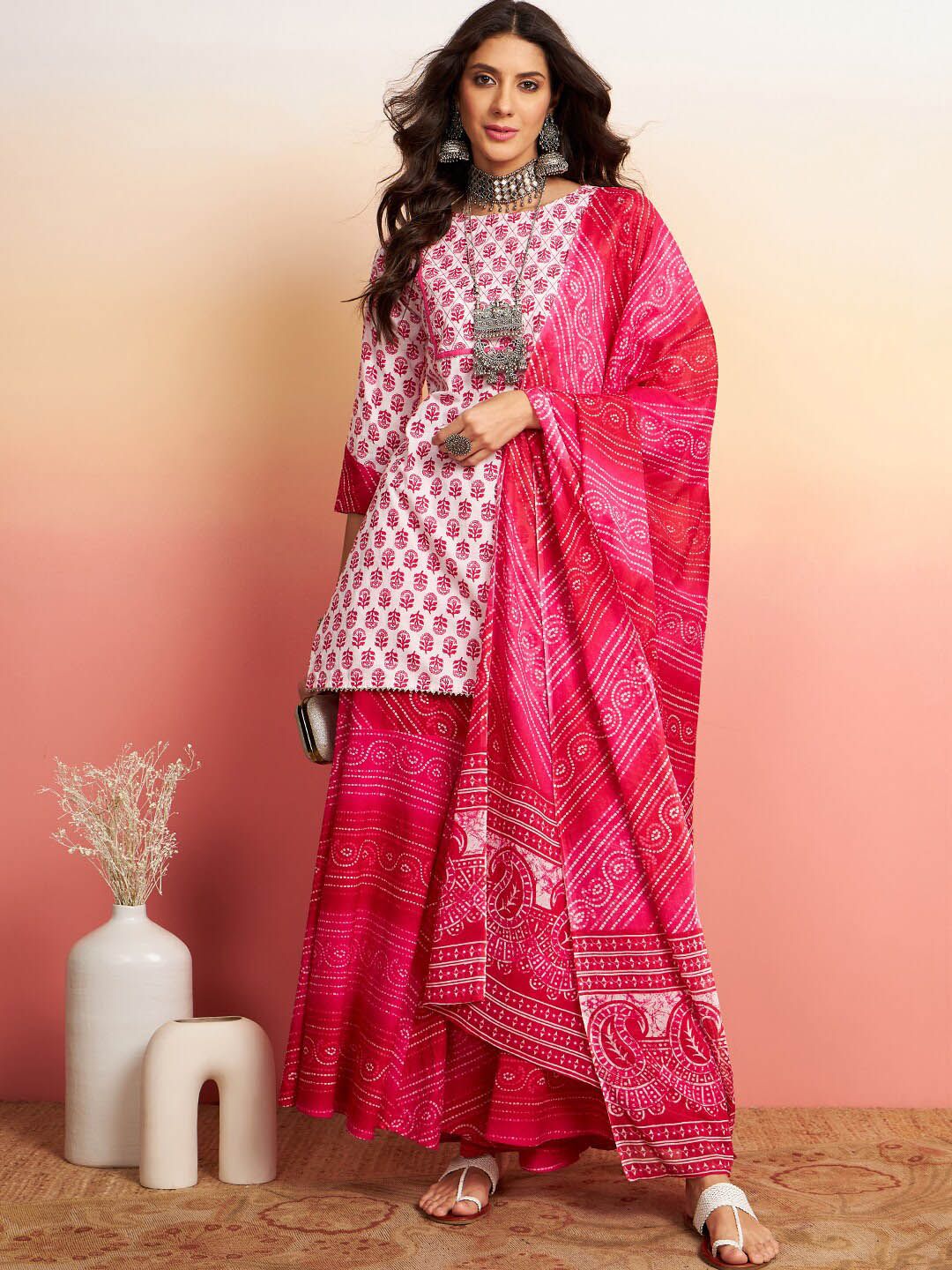 Sangria Floral Printed Pure Cotton Kurti With Sharara & Dupatta
