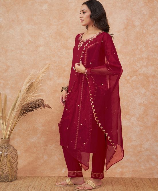 Sangria Maroon Floral Embroidered Straight Kurta With Trousers & Dupatta