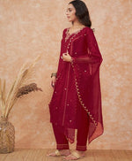 Thumbnail for Sangria Maroon Floral Embroidered Straight Kurta With Trousers & Dupatta