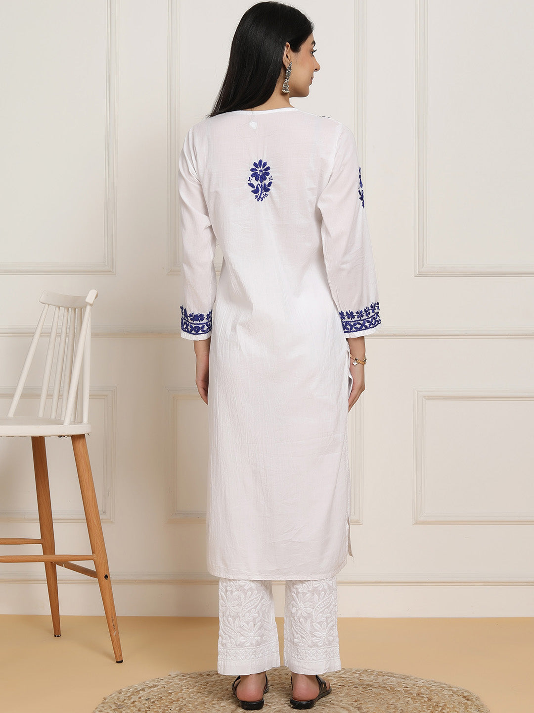HOUSE OF KARI Women Ethnic Motifs Embroidered Regular Chikankari Pure Cotton Kurta with Trousers - Distacart