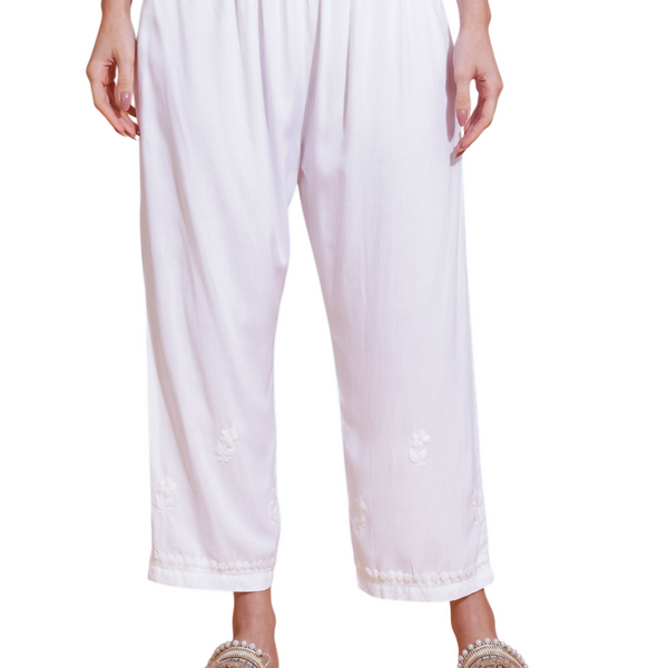 Pahnaz Luxury Rayon Chikankari Handwork Palazzo-White - Dista