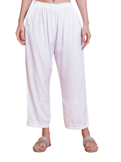Pahnaz Luxury Rayon Chikankari Handwork Palazzo-White - Dista