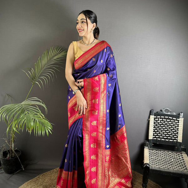 Joban Fashion Navy Blue Banarasi Soft Silk Woven Butti Saree - Distacart