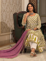 Thumbnail for Vishudh White Floral Printed Pleated Pure Cotton Kurta with Trouser & Dupatta