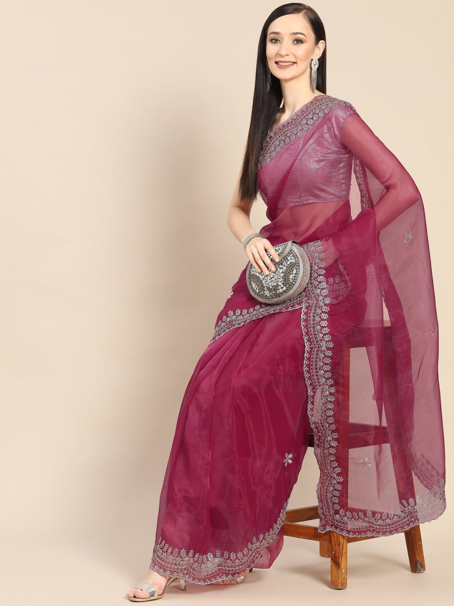 Anouk Pink & Silver-Coloured Sequinned Organza Saree - Distacart