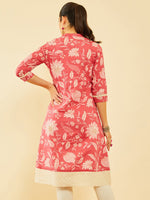 Thumbnail for Soch Floral Printed Thread Work Mandarin Collar Cotton Straight Kurta - Distacart