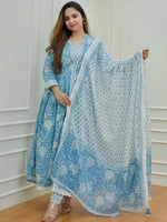 Thumbnail for Kalini Floral Printed Pure Cotton Anarkali Kurta & Trousers With Dupatta - Distacart