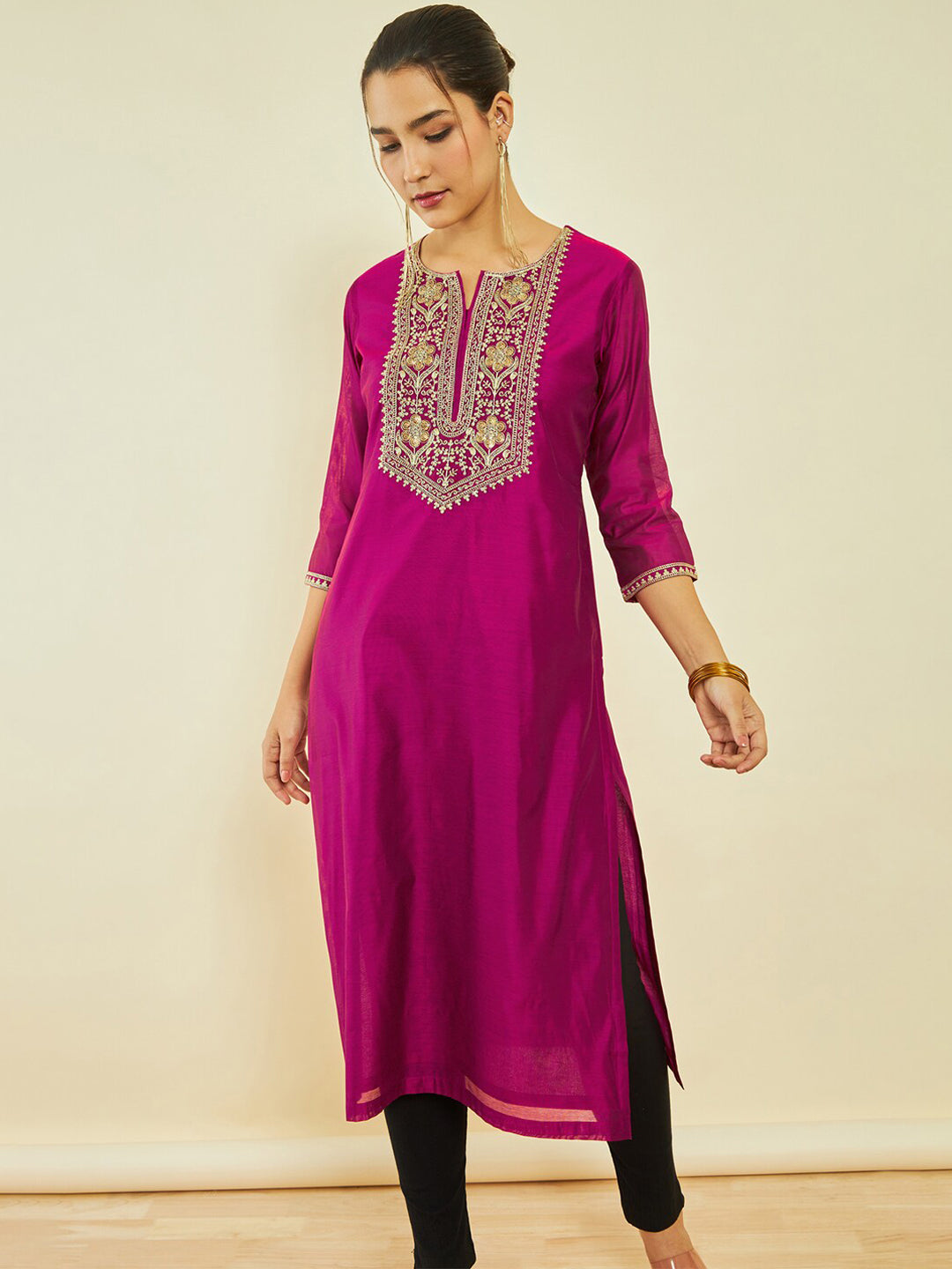 Soch Ethnic Motifs Yoke Design Notched Neck Thread Work Chanderi Silk Straight Kurta - Distacart