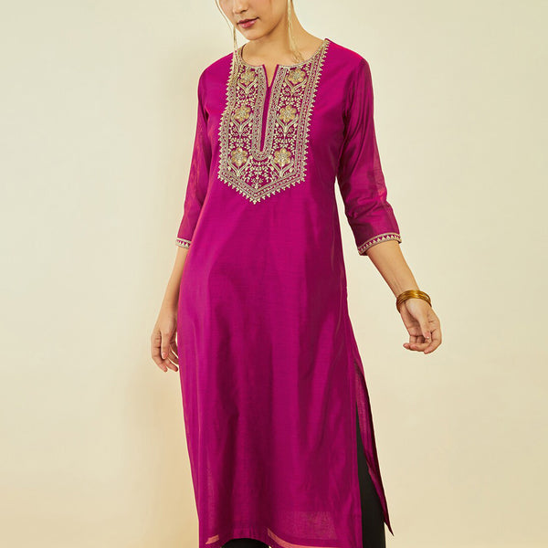 Soch Ethnic Motifs Yoke Design Notched Neck Thread Work Chanderi Silk Straight Kurta - Distacart
