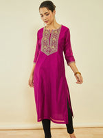 Thumbnail for Soch Ethnic Motifs Yoke Design Notched Neck Thread Work Chanderi Silk Straight Kurta - Distacart