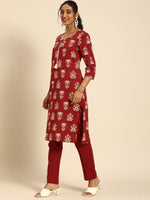 Thumbnail for All About You Women Red Floral Printed Pure Cotton Regular Kurta with Trousers - Distacart