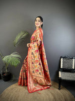 Thumbnail for Joban Fashion Peach Intricate Floral & Foliate Motifs Soft Silk Paithani Saree - Distacart