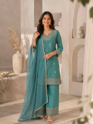Teeya Creation Turquoise Blue Silk Embroidered Kurta Pant Set With Dupatta - Dista